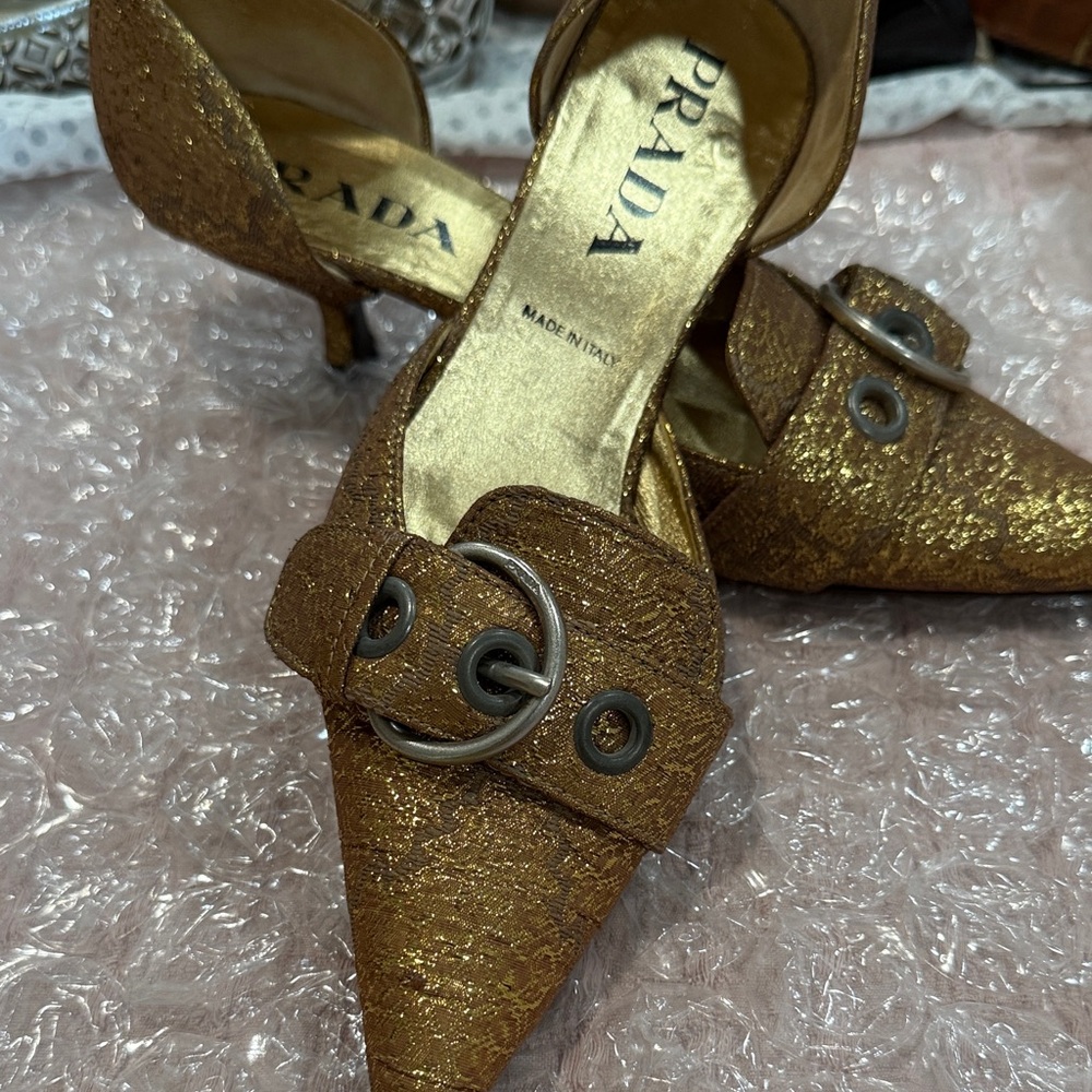Prada Gold Textured Pointed Toe Heels with Buckle
